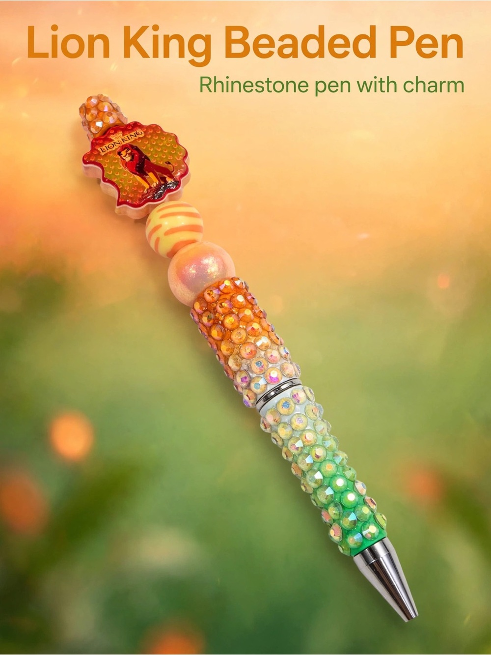 Lion King-Inspired Beaded Rhinestone Pen in Orange and Green